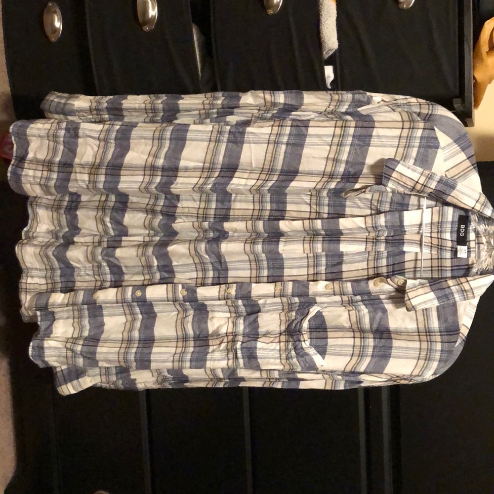 Blue, tan, and white flannel